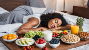 lady sleeping next to different fruits on tray